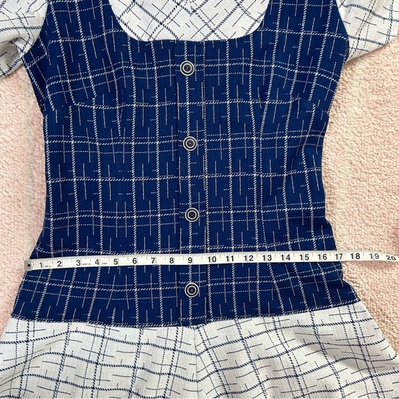 Vintage 1960s Navy and Off White Plaid Midi Dress Drop Waist Tie Belt Size 8 - Picture 8 of 12